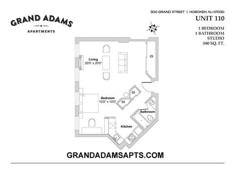 Floor plan for studio, 1 bath, 580 sqft
